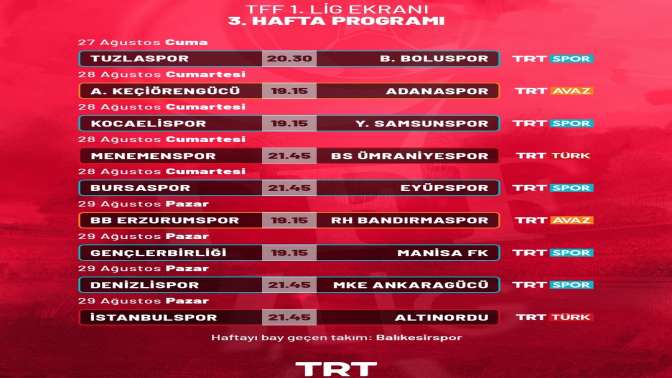 TFF 1. Lig’in 3. Hafta Karşılaşmaları Canlı Yayınla TRT Ekranlarında
